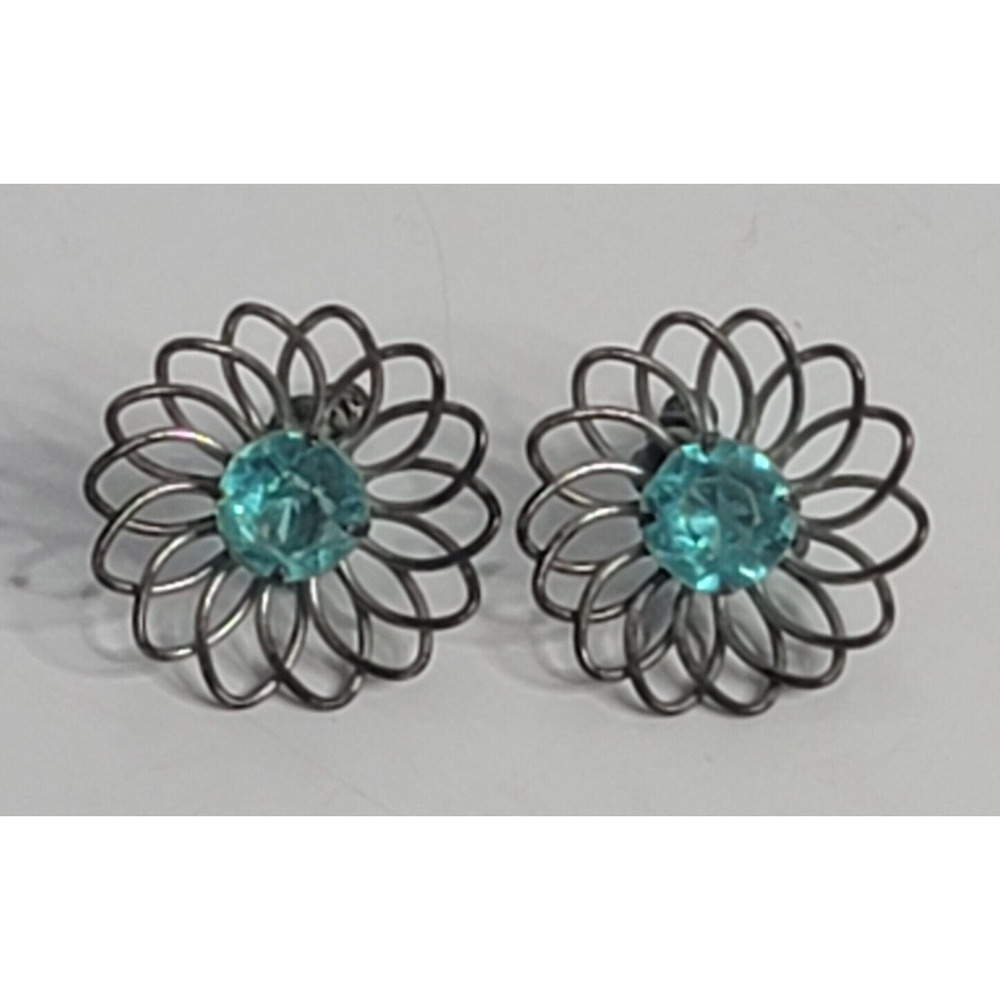 Blue Rhinestone Silver Tone Flower Screwback Clip On Earrings Jewelry Art Floral